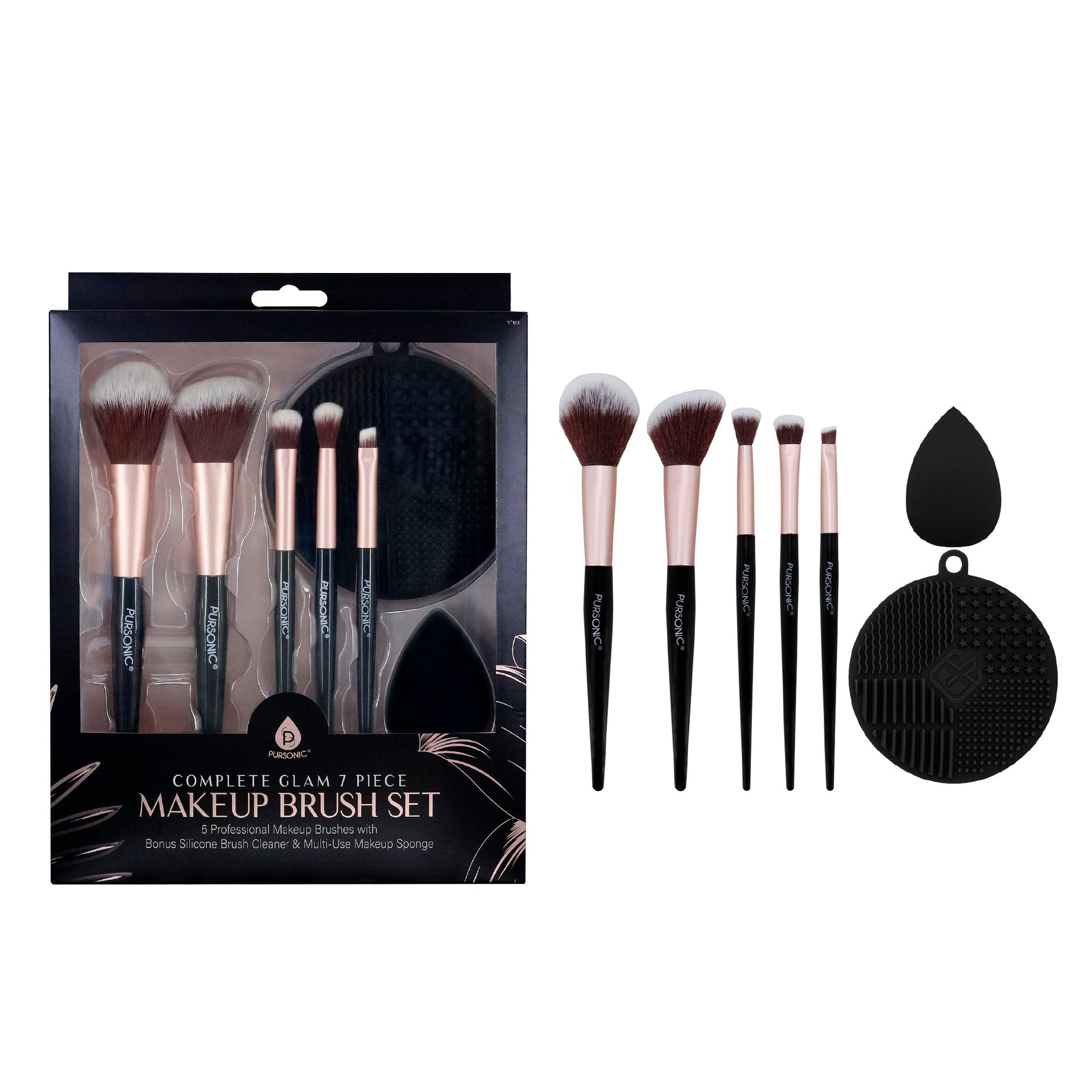 8-Piece Pro Makeup Application Set – 7 Brushes + Blending Sponge