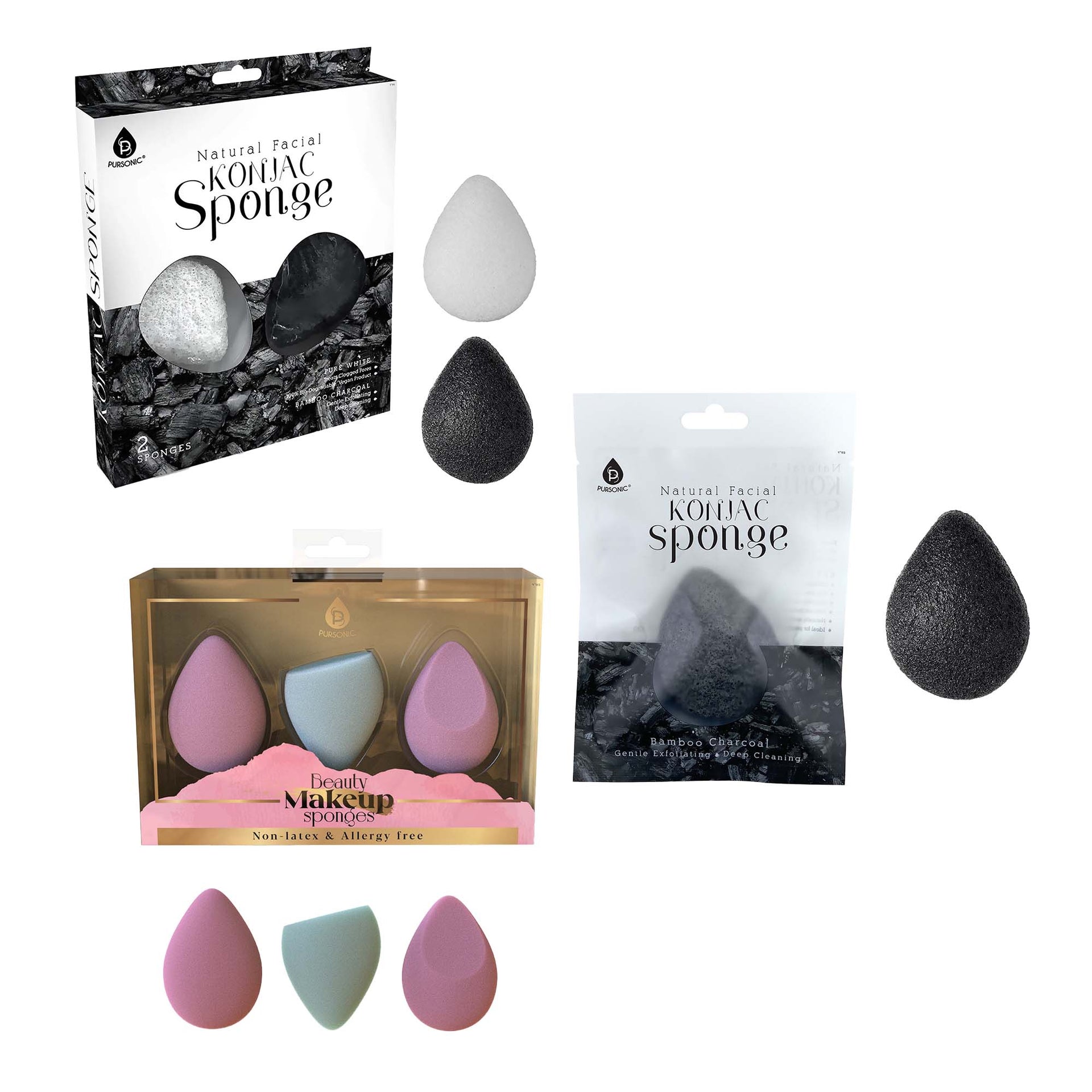 Pursonic Skin & Beauty Essentials Bundle – Konjac Sponge Duo, Bamboo Charcoal Konjac Sponge & 3-Pack Makeup Sponge Set Pursonic