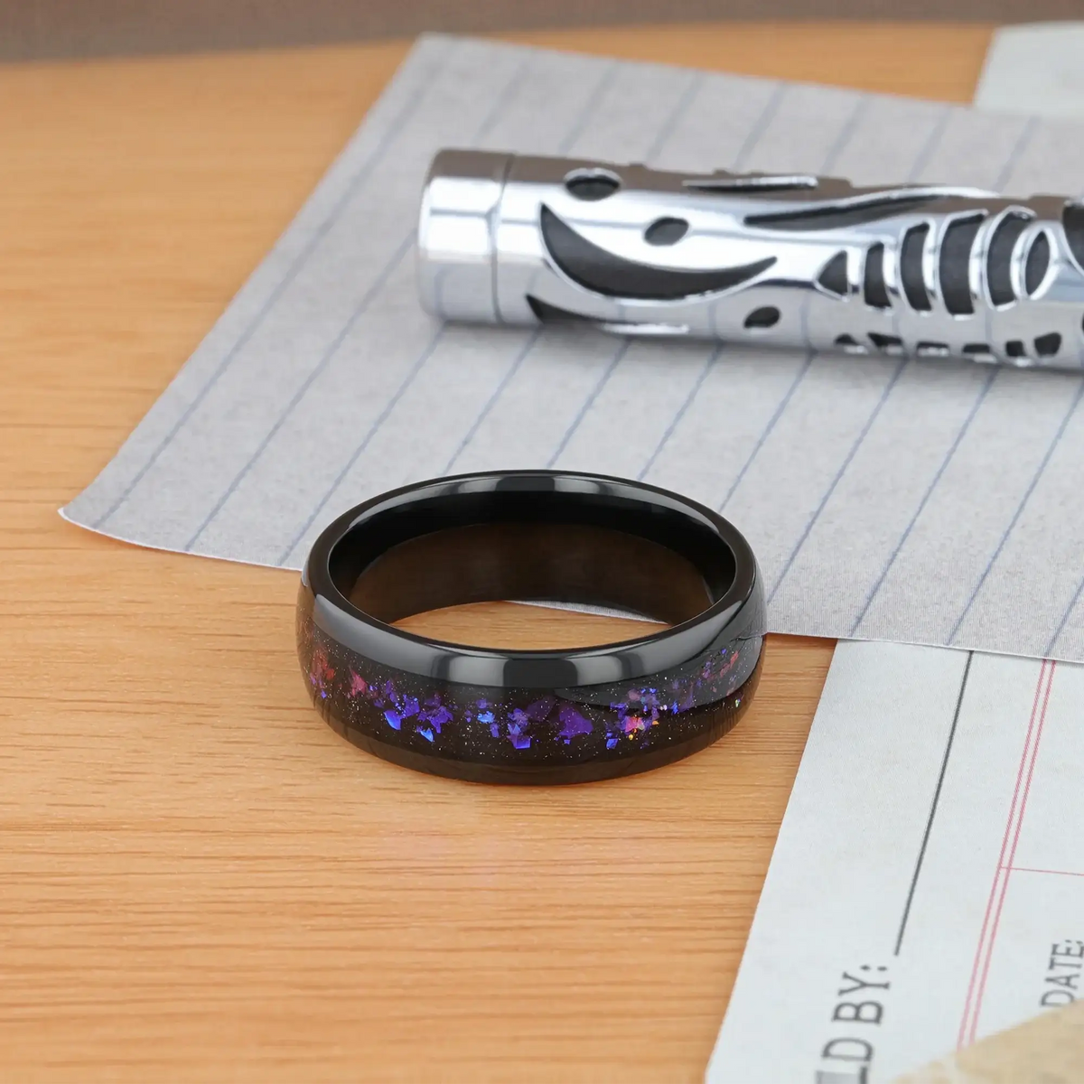 COSMIC Black Tungsten Ring with Crushed Alexandrite and Dark Blue & Purple Crushed Goldstone – 4mm to 8mm