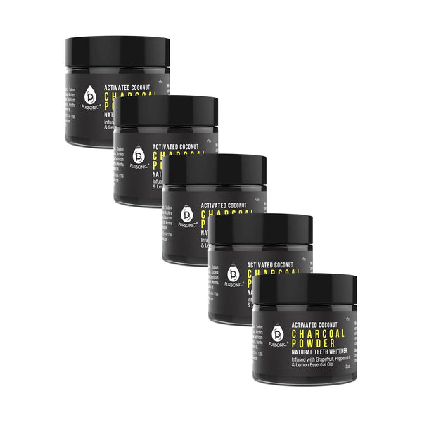 Pursonic Teeth Whitening Charcoal Powder Natural 5-Pack - Infused With Grapefruit, Peppermint & Lemon Essential Oils - 2oz Each - Gifts for You 'n Me