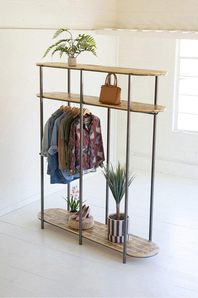 TALL IRON AND RECYCLED WOOD GARMENT DISPLAY