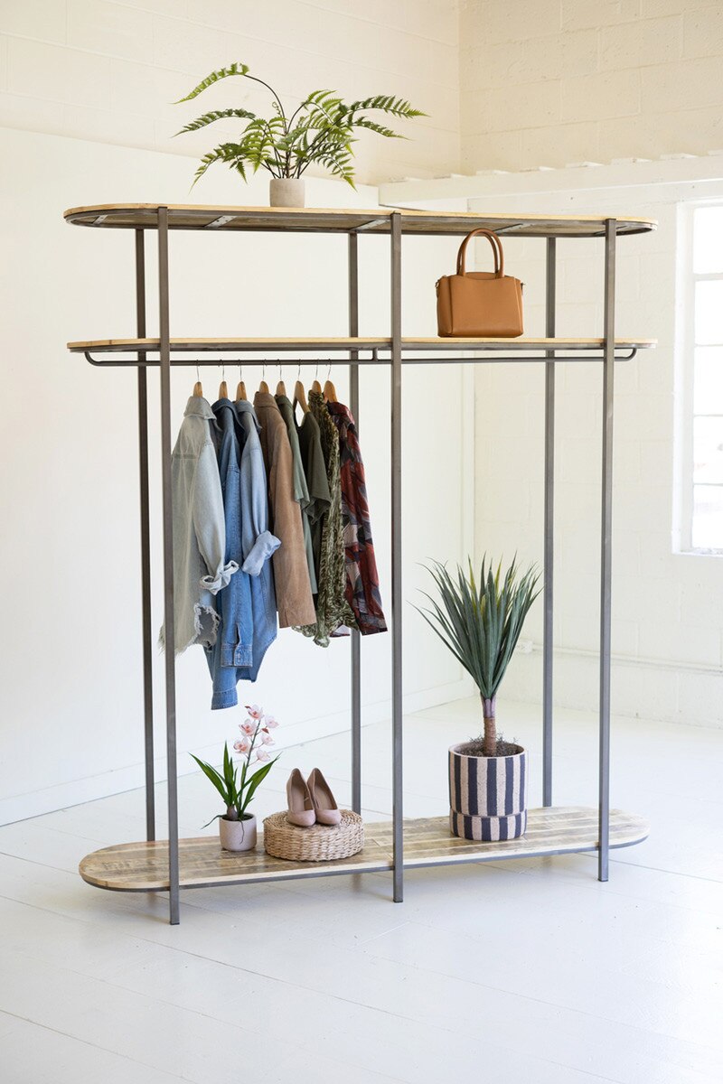 TALL IRON AND RECYCLED WOOD GARMENT DISPLAY