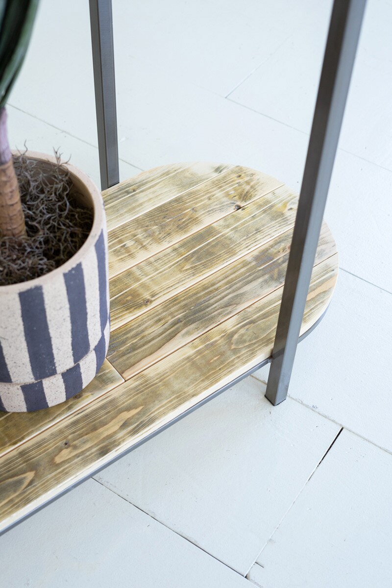 TALL IRON AND RECYCLED WOOD GARMENT DISPLAY