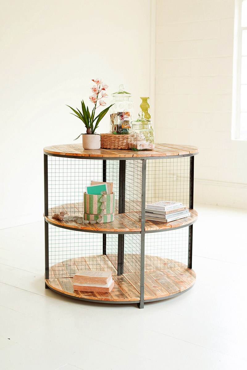 ROUND IRON AND WOOD THREE TIERED DISPLAY UNIT