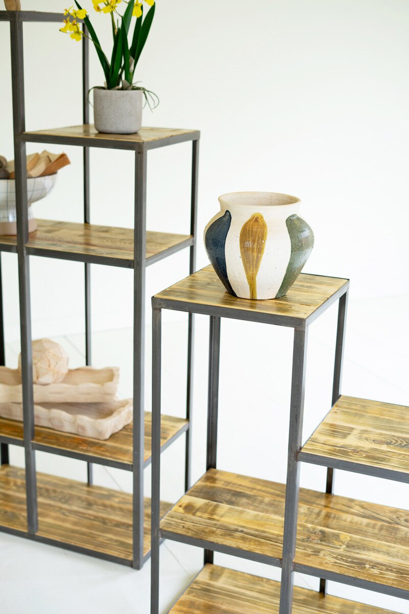 SET OF TWO IRON AND WOOD STAIR STEP DISPLAY SHELVES