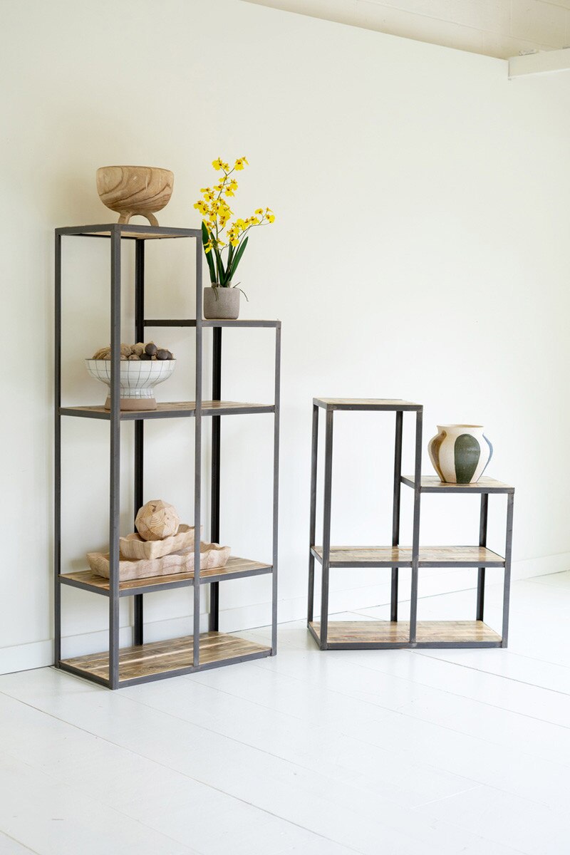 SET OF TWO IRON AND WOOD STAIR STEP DISPLAY SHELVES