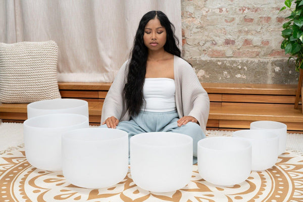 432 Hz Crystal Singing Bowl Chakra Set - 7 Pure White Quartz Bowls (8