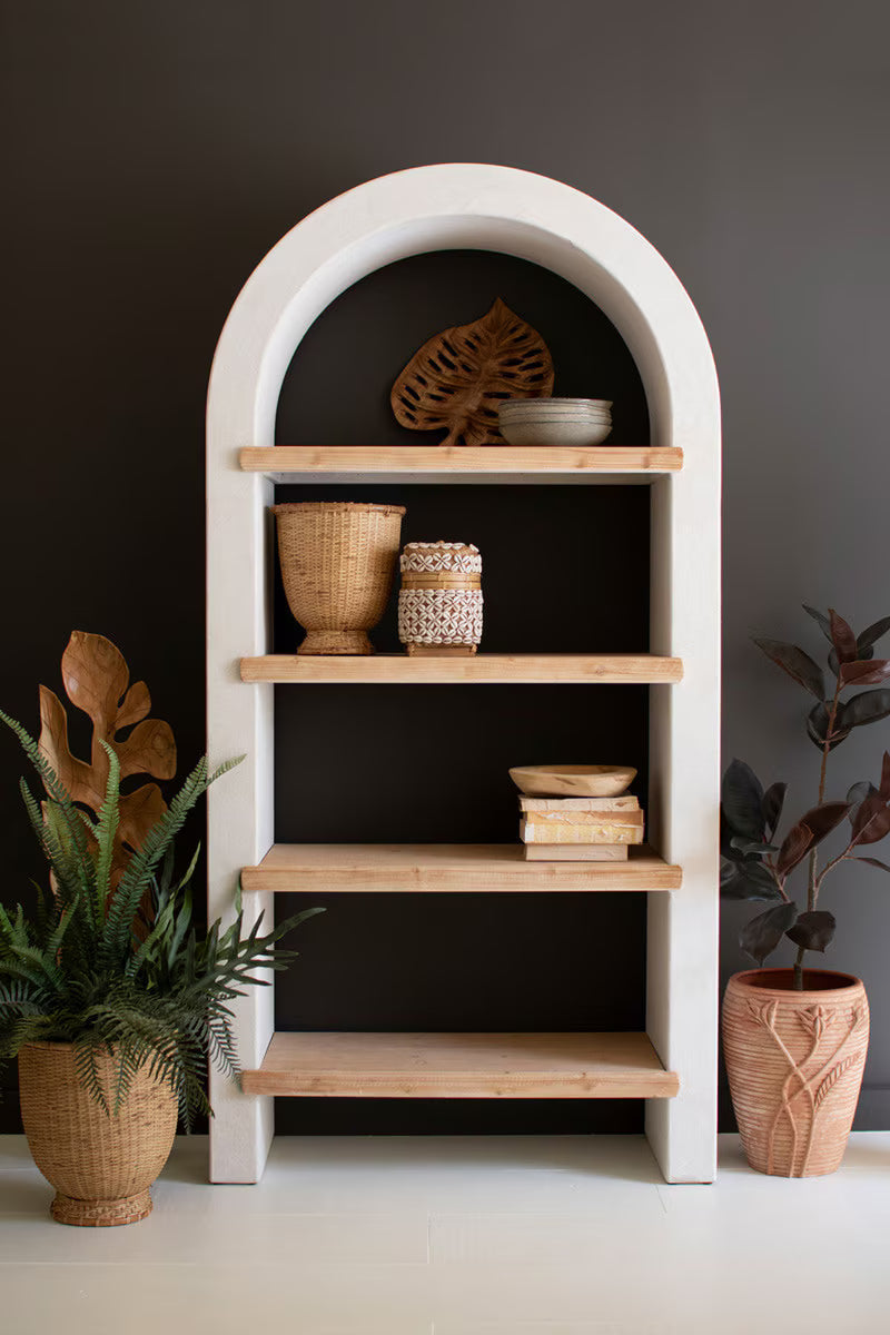 TEXTURED ARCHED SHELVING UNIT WITH FOUR WOODEN SHELVES