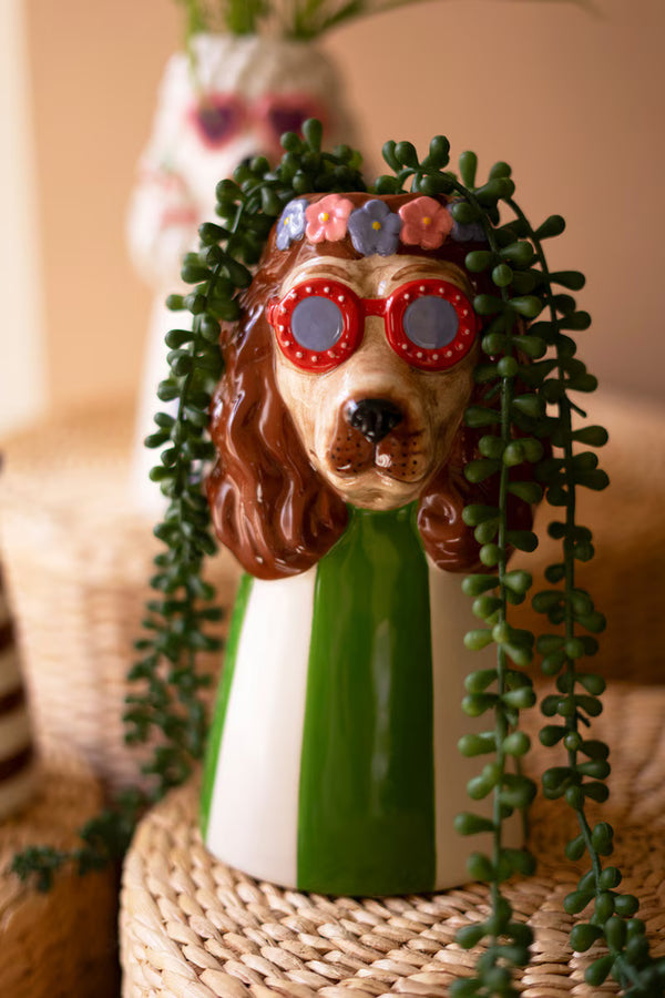 SET OF THREE CERAMIC DOGS WITH SUN SHADES VASES