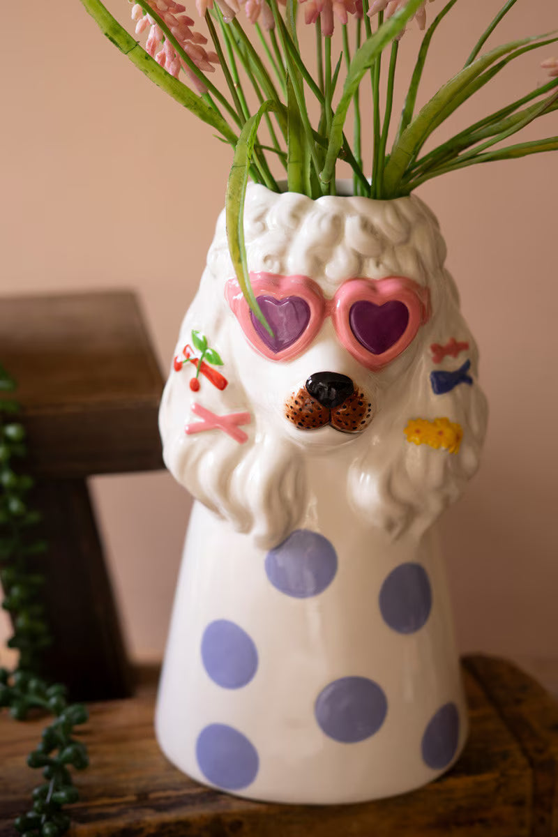 SET OF THREE CERAMIC DOGS WITH SUN SHADES VASES