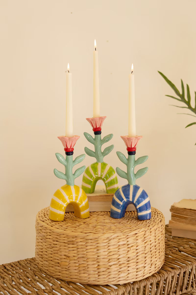 SET OF THREE CERAMIC FLOWER TAPER CANDLE HOLDERS - ONE EACH