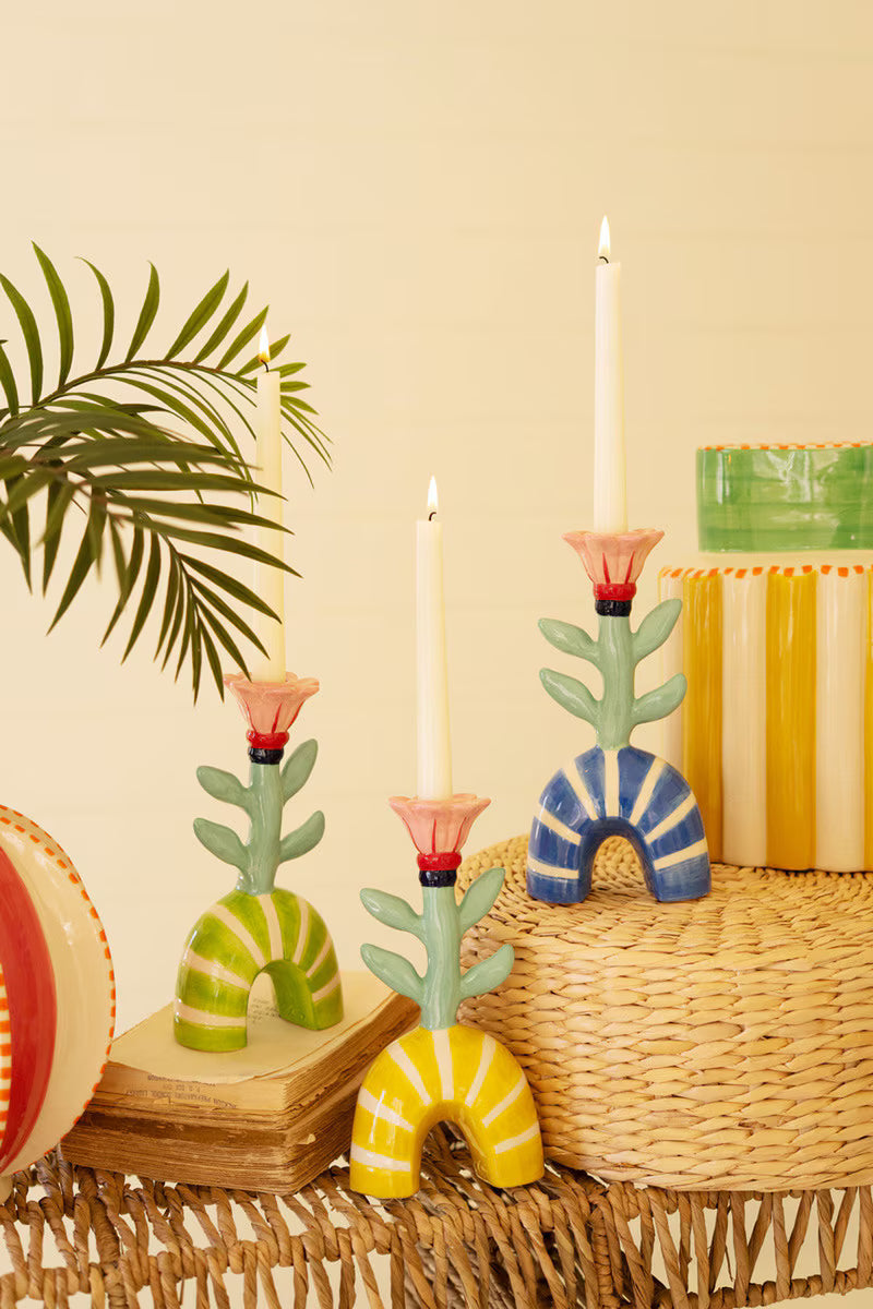 SET OF THREE CERAMIC FLOWER TAPER CANDLE HOLDERS - ONE EACH