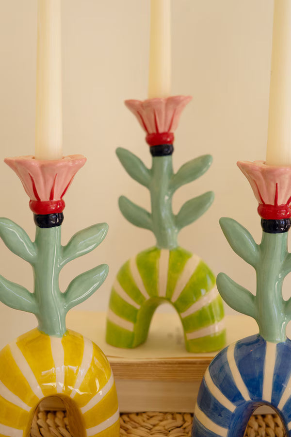 SET OF THREE CERAMIC FLOWER TAPER CANDLE HOLDERS - ONE EACH
