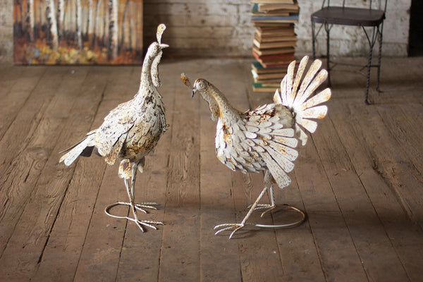 Set of 2 Antique White Metal Turkeys Kalalou