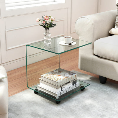 C-Shaped End Table Modern Tempered Glass Side Table with Shelf-Transparent