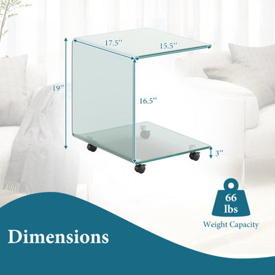 C-Shaped End Table Modern Tempered Glass Side Table with Shelf-Transparent