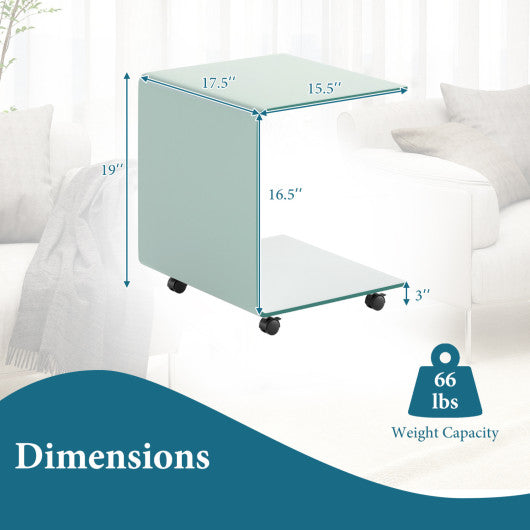 C-Shaped End Table Modern Tempered Glass Side Table with Shelf-White