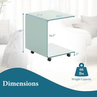 C-Shaped End Table Modern Tempered Glass Side Table with Shelf-White