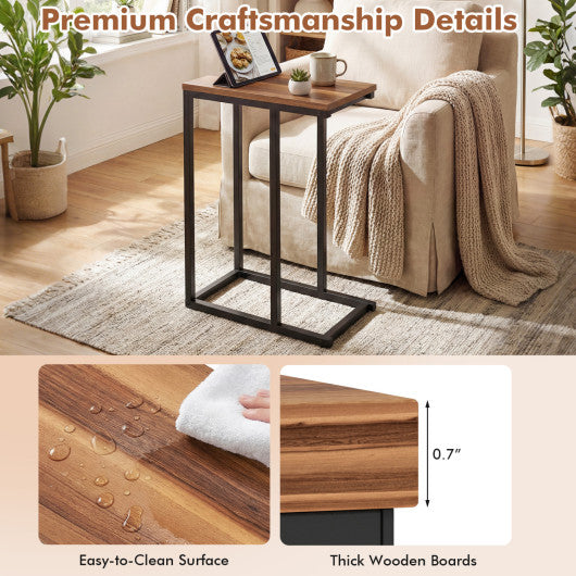 C-Shaped End Table Small Side Table with Sturdy Metal Frame-Walnut
