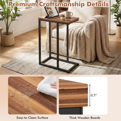 C-Shaped End Table Small Side Table with Sturdy Metal Frame-Walnut