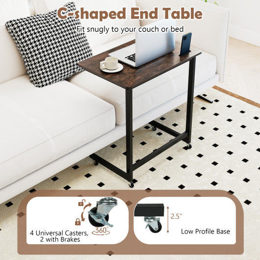 C-shaped End Table with Wheels Mobile Bedside Table with Built-in Phone Slot-Rustic Brown