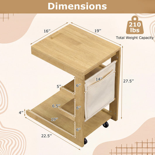 C-shaped End Table with Wheels and Adjustable Desktop for Sofa Couch Bedside-Natural
