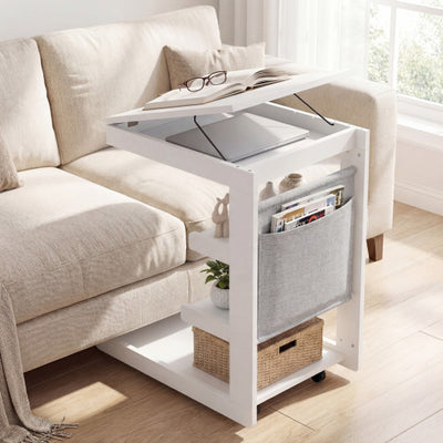 C-shaped End Table with Wheels and Adjustable Desktop for Sofa Couch Bedside-White