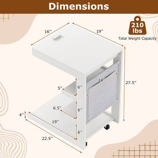 C-shaped End Table with Wheels and Adjustable Desktop for Sofa Couch Bedside-White