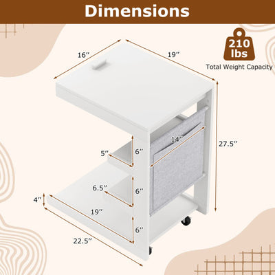 C-shaped End Table with Wheels and Adjustable Desktop for Sofa Couch Bedside-White