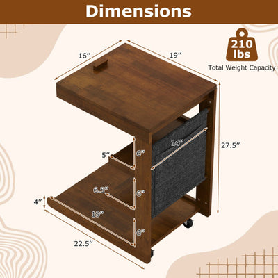 C-shaped End Table with Wheels and Adjustable Desktop for Sofa Couch Bedside-Brown