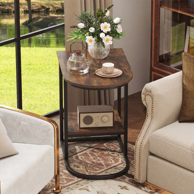 C-shaped Modern Sofa Side Table with Storage Shelf Faux and Marble Tabletop -Rustic Brown