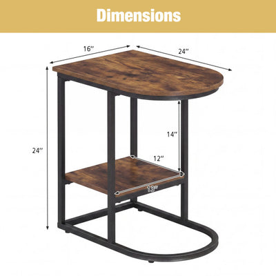 C-shaped Modern Sofa Side Table with Storage Shelf Faux and Marble Tabletop -Rustic Brown