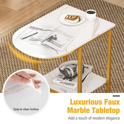C-shaped Modern Sofa Side Table with Storage Shelf Faux and Marble Tabletop-White