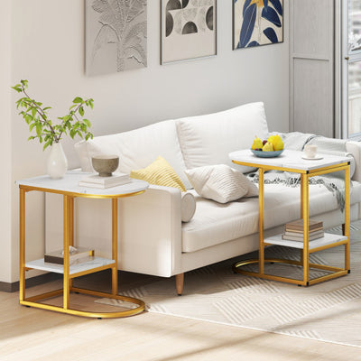 C-shaped Modern Sofa Side Table with Storage Shelf Faux and Marble Tabletop-White