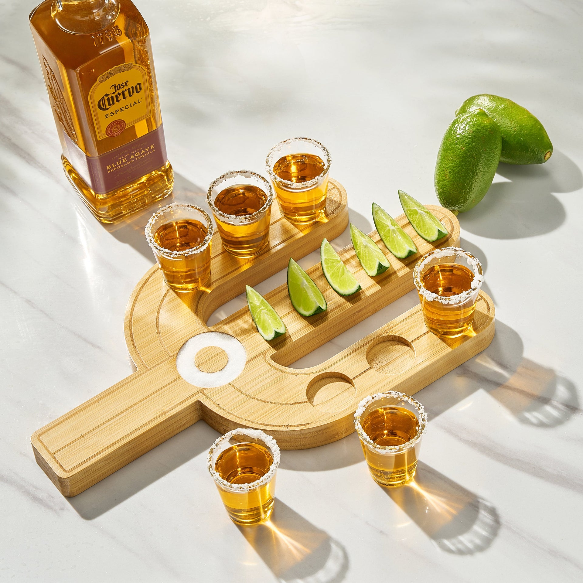 Cactus Tequila Tray & Shot Glasses Set - Tequila Gifts & Mexican Gifts - Bamboo Shot Glass Holder Serving Tray - Flight Board with Lemon Bowl, Salt Rimmer & Shot Glass Set - Party Shot Board, Gift