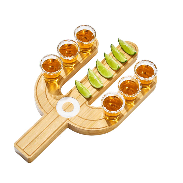 Cactus Tequila Tray & Shot Glasses Set - Tequila Gifts & Mexican Gifts - Bamboo Shot Glass Holder Serving Tray - Flight Board with Lemon Bowl, Salt Rimmer & Shot Glass Set - Party Shot Board, Gift