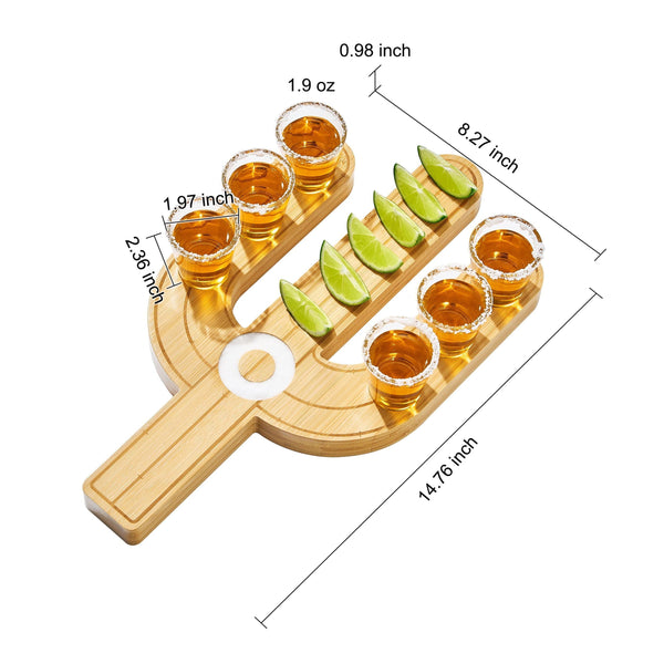 Cactus Tequila Tray & Shot Glasses Set - Tequila Gifts & Mexican Gifts - Bamboo Shot Glass Holder Serving Tray - Flight Board with Lemon Bowl, Salt Rimmer & Shot Glass Set - Party Shot Board, Gift