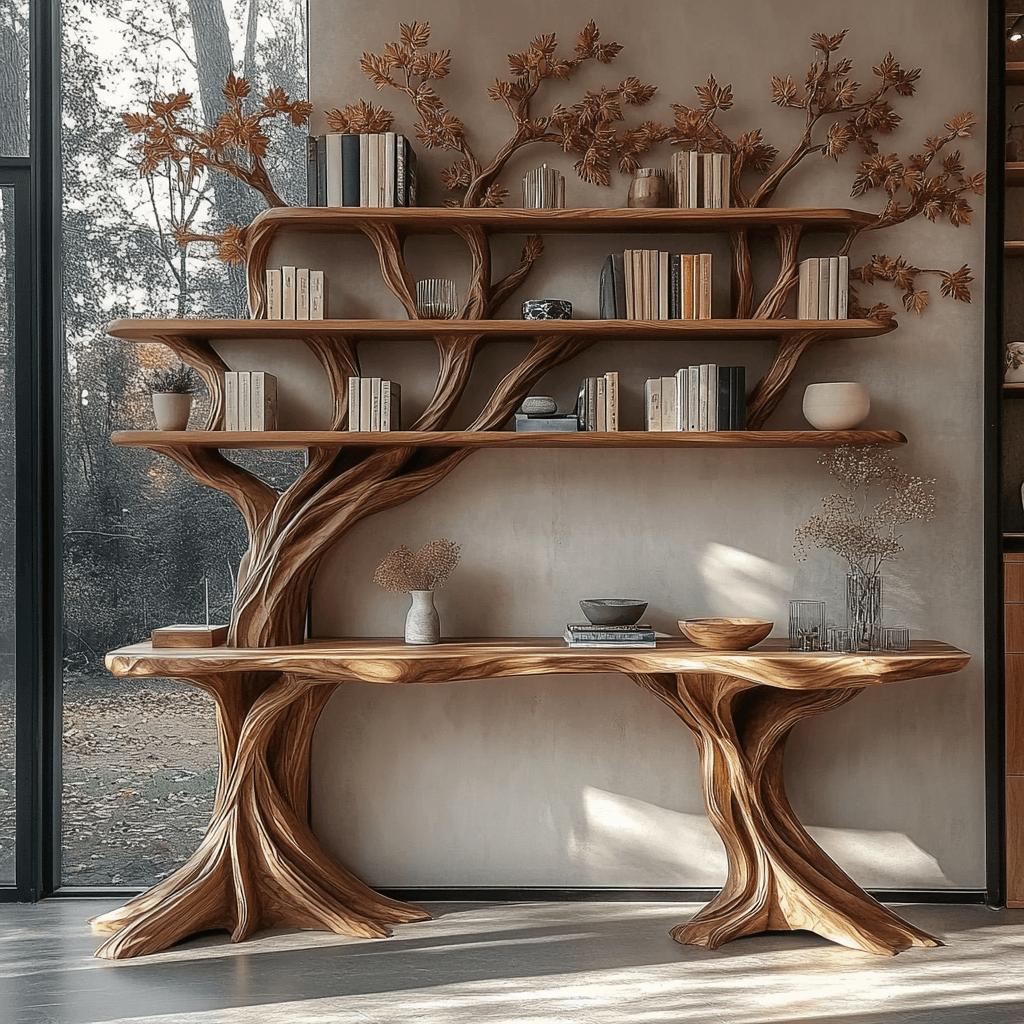 Caelvorn Live Edge Solid Wood Console Table with Shelves
