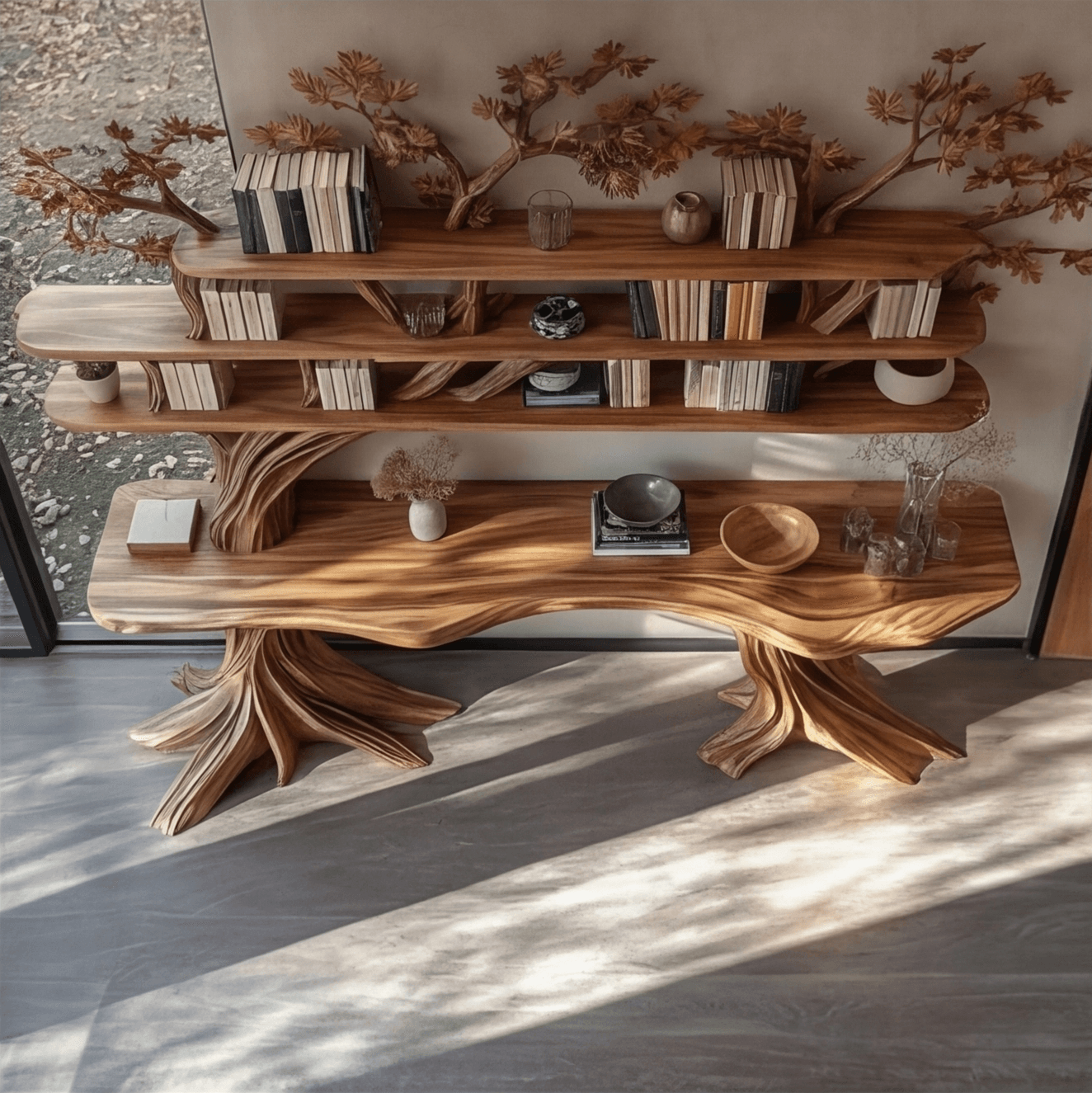 Caelvorn Live Edge Solid Wood Console Table with Shelves