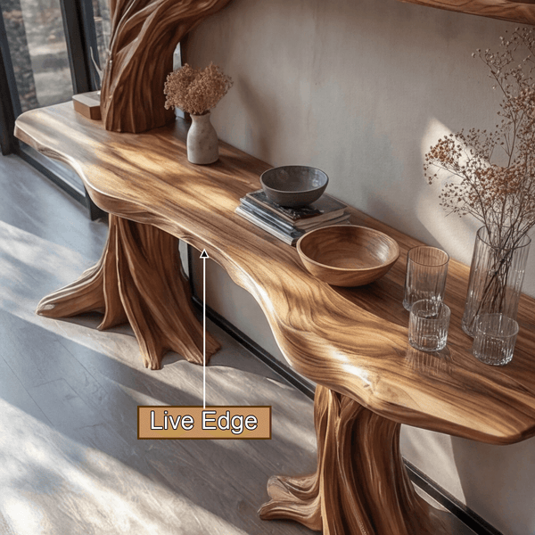 Caelvorn Live Edge Solid Wood Console Table with Shelves