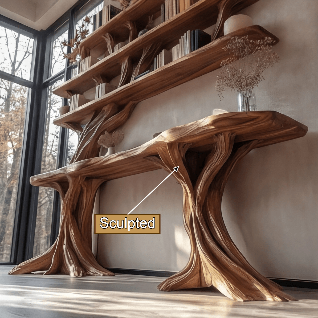 Caelvorn Live Edge Solid Wood Console Table with Shelves