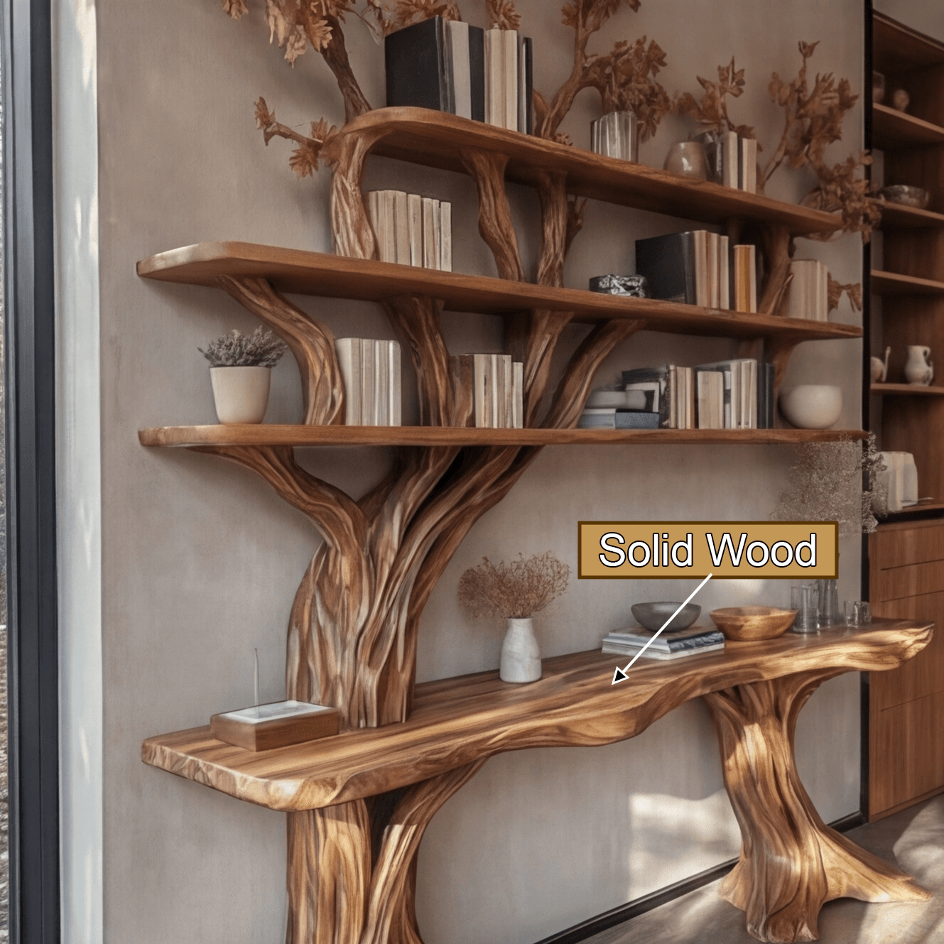 Caelvorn Live Edge Solid Wood Console Table with Shelves