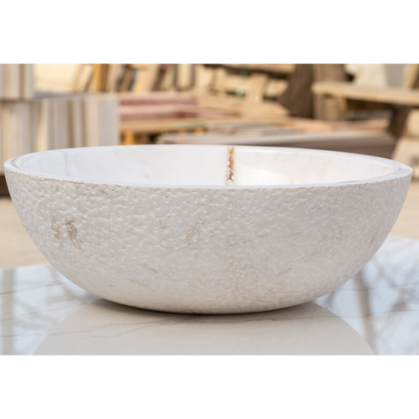 Calacatta White Marble Vessel Sink Bowl Polished Interior and Rough Exterior  (D)16