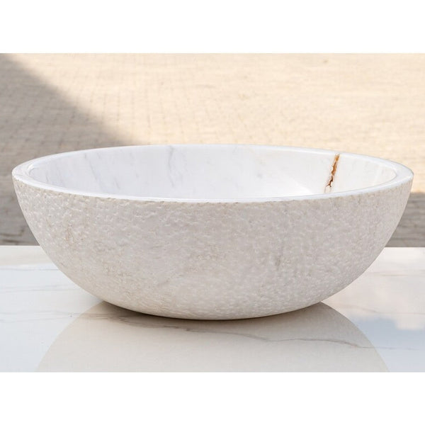 Calacatta White Marble Vessel Sink Bowl Polished Interior and Rough Exterior  (D)16
