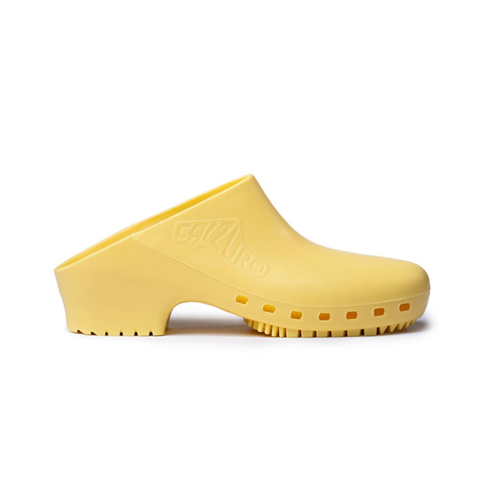 Calzuro Classic Without Holes DAISY. Yellow clog shoe on a white background