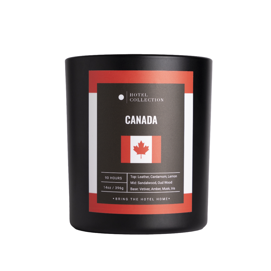 Black candle with a label featuring the Canadian flag on a white background
