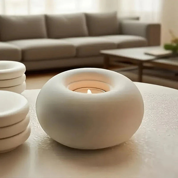 Candle Holder - Hand-Painted Ceramic White Round