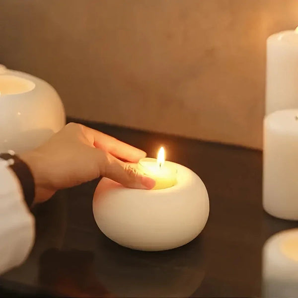 Candle Holder - Hand-Painted Ceramic White Round