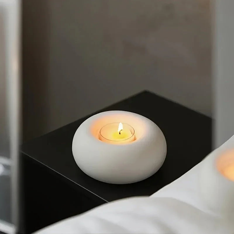 Candle Holder - Hand-Painted Ceramic White Round