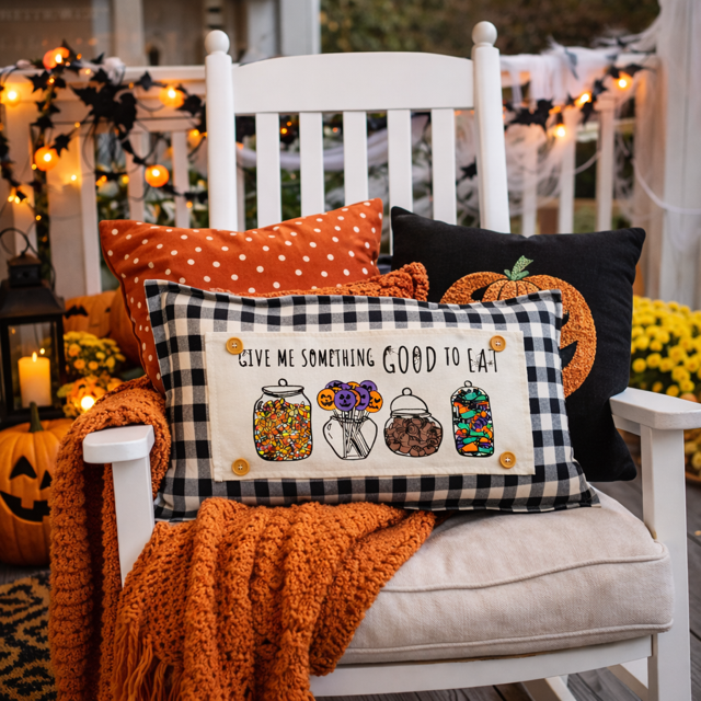 PANEL ONLY: RECTANGLE Halloween Tick or Treat Candy Jars October Pumpkins Kids Fall Autumn; GIVE ME SOMETHING GOOD TO EAT